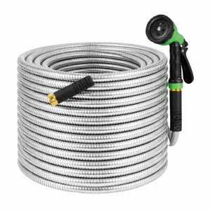 75FT Heavy Duty Stainless Steel Garden Hose – Flexible, Kink-Free, Rust-Proof Metal Water Hose with 10-Function Spray Nozzle, Sturdy Brass 3/4'' Connectors – 75FT