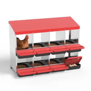 8-Hole Chicken Nesting Box Metal Coop with Roll-Away Egg Collection & Ventilation Holes Galvanized Steel Removable Lid Red for Backyard Hens