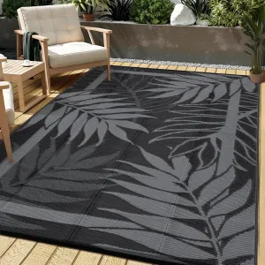 Waterproof Reversible Outdoor Rug - Durable Plastic Carpet for Patio, Garden, Deck, Camping - Easy Clean, Non-Slip, UV Resistant - Modern Black Grey Design, 8x10ft