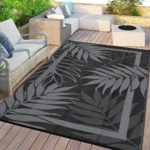 Waterproof Outdoor Rug 9x12ft – Heavy Duty Reversible Plastic Mat – Modern Non-Slip Patio Carpet – Easy Clean, UV & Fade Resistant – Ideal for Garden, Deck, Camping – Black Grey