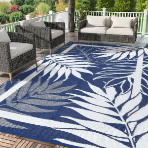 Reversible Outdoor Patio Rug – Waterproof Plastic Mat, Modern Design, UV & Weather Resistant – Easy Clean, Non-Slip – Garden, Backyard, Porch, Deck – Navy Blue/White, 8x10ft