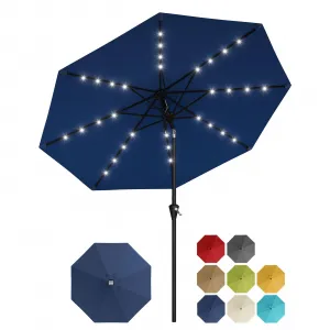 9FT Solar Patio Umbrella with 32 LED Lights, Crank Lift & Push Button Tilt, Iron Frame, UV-Resistant Waterproof Canopy, 8 Ribs, Navy Blue, Outdoor Deck & Garden