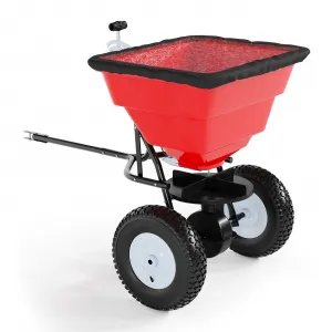 85 lbs Tow Behind Broadcast Spreader with Hopper Cover, Adjustable Flow Control & 3 m Spread Width, Steel Frame Lawn Spreader with Universal Hitch for Seed, Fertilizer, Salt, Ice Melt, Red