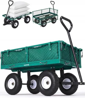Outdoor Utility Cart 400LBS Capacity 10" Pneumatic Tires Steel Frame Removable Mesh Panels Green Gardening & Landscaping