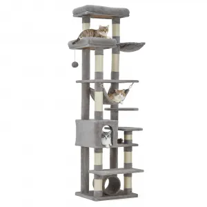 Multi-Level Cat Tree with Condo, 74" Tall Cat Tower with 11 Scratching Posts, Hammock, Tunnel, Large Top Perches & Anti-tip Kit, Indoor Cat Furniture for Large Cats, Light Gray