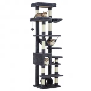 Multi-Level Cat Tree with Condo, 74" Tall Cat Tower with 11 Scratching Posts, Hammock, Tunnel, Large Top Perches & Anti-tip Kit, Indoor Cat Furniture for Large Cats, Dark Gray