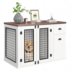 Dog Crate Furniture, Pet Kennel for Small to Medium Dogs, White Wooden Pet House with Drawers and Side Cabinets, Multi-Functional Dog Cage for Indoor Use, White