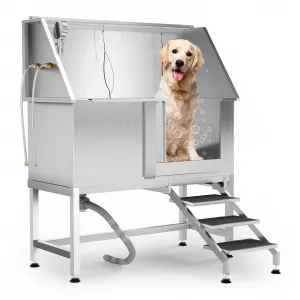 50" Stainless Steel Dog Wash Tub, Dog Grooming Bathing Station with Non-Slip Stairs & Floor Grate, Large, Medium & Small Pets Bathtub for Grooming Salon/Home Use, Right-Side