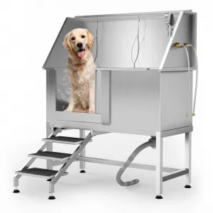 50" Stainless Steel Dog Wash Tub, Dog Grooming Bathing Station with Non-Slip Stairs & Floor Grate, Large, Medium & Small Pets Bathtub for Grooming Salon/Home Use, Left-Side