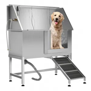 50" Stainless Steel Dog Bathing Station, Dogs Washing Bathtub with Non-Slip Stairs & Storage Shelf, Slip-Resistant Floor Grate, Adjustable Platform for Grooming Salon & Home Use, Rightdoor