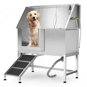 50" Stainless Steel Dog Washing Station, Dog Bathtub with Non-Slip Stairs & Storage Shelf, Slip-Resistant Floor Grate, Adjustable Platform for Grooming Salon & Home Use, Leftdoor