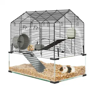 3-Tier Hamster Cage for Syrian & Dwarf Hamsters - Multi-Level Habitat with Silent Wheel & Chew-Proof Bottle - Metal & Tempered Glass - Scratch-Resistant, Tool-Free Assembly - Compact Apartment Fit