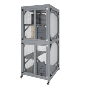 4 Tier Wood Catio Outdoor Window Cat Enclosure with Scratch Post & Resting Box, Weatherproof Roof, Lockable Casters, Dual Sliding Doors, Indoor-Outdoor Playpen