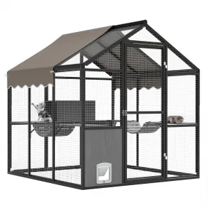 Catio Outdoor Cat Enclosure, Large Catio with Weatherproof Roof, Channels & Side Door, UV Proof Cover, Huge Condo, Platform, Aluminum Outdoor Cat Enclosure, 70"Lx72"Wx76"H