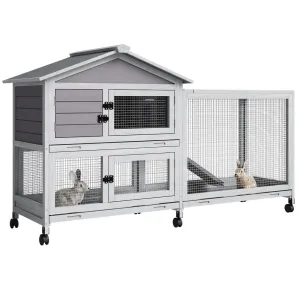 63“ Rabbit Cage with Weatherproof Roof, Bunny Cage with 6 Lockable Caster Wheels & Pull-Out Tray, Rabbit Hutch for Indoor Outdoor Use, Grey