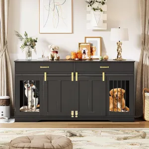 71" Extra Large Dog Crate Furniture, Heavy Duty Wood  Double Kennel Furniture with Removable Divider, 2 Lockable Doors & 2 Drawers, Indoor Pet Crate End Table TV Stand for Living Room