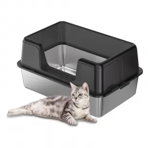 Stainless Steel Litter Box with Lid, High Side Metal Litter Boxes for Big Cats, Extra Large Litter Pan Tray, Easy Clean, Odor Control Cat Toilet with Scoops, Black