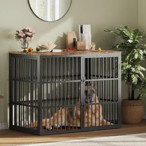 47" Dog Crate Furniture, 3-In-1 Wooden Dog Kennel with 3 Lockable Doors, Heavy Duty Metal Frame & Sturdy Panels, Large End Table for Medium to Large Breeds, Brown & Black