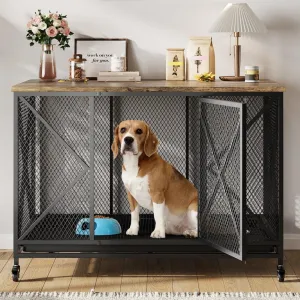 48" Heavy Duty Dog Crate Furniture with Wheels, Flip Top Dog Kennel End Table with Removable Tray, Multi-Functional Indoor Pet Cage for Small to Large Pets, Black
