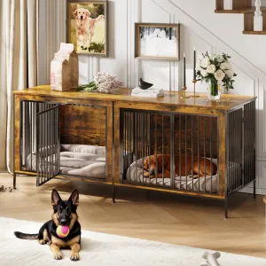 XL Dog Crate Furniture for 2 Dogs, Heavy Duty Double Dog Crates for Medium/Large Dogs, Dog Kennel Furniture Indoor As TV Stand, Extra Large 78.74"w, Rustic Brown