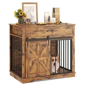 37.8"W Dog Crate Furniture for Small/Medium Dogs, 2-in-1 Iron-Wood Fusion Dog Cage Indoor As Side End Table, Farmhouse Dogs Kennel with Sliding Barn Doors & Storage Drawer, Brown