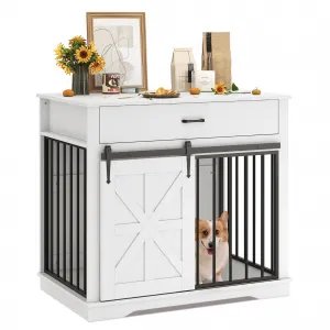 37.8"W Dog Crate Furniture for Small/Medium Dogs, 2-in-1 Iron-Wood Fusion Dog Cage Indoor As Side End Table, Farmhouse Dogs Kennel with Sliding Barn Doors & Storage Drawer, White