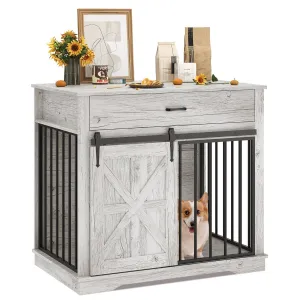 37.8"W Dog Crate Furniture for Small/Medium Dogs, 2-in-1 Iron-Wood Fusion Dog Cage Indoor As Side End Table, Farmhouse Dogs Kennel with Sliding Barn Doors & Storage Drawer, Gray