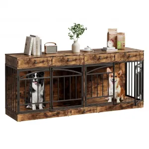 78.7" Double Dog Crate Furniture with Storage and 4 Doors, Dog Kennel Indoor with Feeding Bowls, Wood Dog Crate TV Stand for Small Medium Dogs, Brown