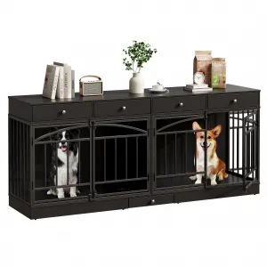 78.7" Double Dog Crate Furniture with Storage and 4 Doors, Dog Kennel Indoor with Feeding Bowls, Wood Dog Crate TV Stand for Small Medium Dogs, Black