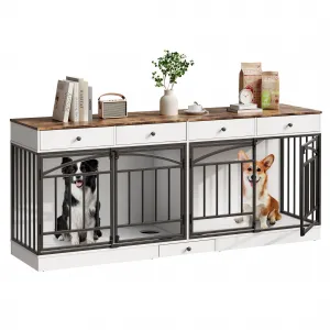 78.7" Double Dog Crate Furniture with Storage and 4 Doors, Dog Kennel Indoor with Feeding Bowls, Wood Dog Crate TV Stand for Small Medium Dogs, White&Brown Top