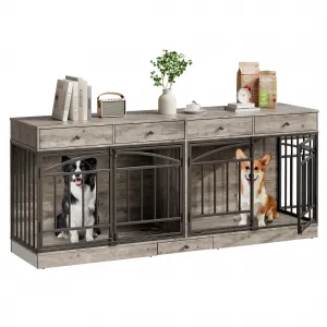 78.7" Double Dog Crate Furniture with Storage and 4 Doors, Dog Kennel Indoor with Feeding Bowls, Wood Dog Crate TV Stand for Small Medium Dogs, Gray