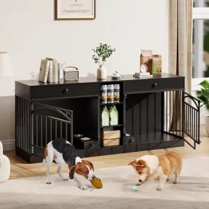 Dog Crate Furniture for 2 Dogs, 78.7" Large Dog Kennel Indoor with 2 Storage Drawers, 3 Shelves and Feeding Bowls, Double Dog Crate TV Stand for Small and Medium Dogs, Black