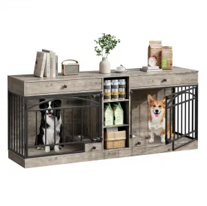 Dog Crate Furniture for 2 Dogs, 78.7" Large Dog Kennel Indoor with 2 Storage Drawers, 3 Shelves and Feeding Bowls, Double Dog Crate TV Stand for Small and Medium Dogs, Gray