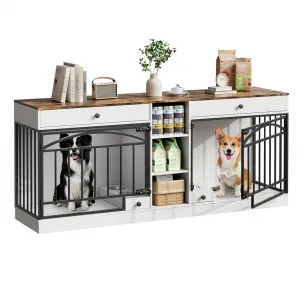 Dog Crate Furniture for 2 Dogs, 78.7" Large Dog Kennel Indoor with 2 Storage Drawers, 3 Shelves and Feeding Bowls, Double Dog Crate TV Stand for Small and Medium Dogs, White&Brown Top