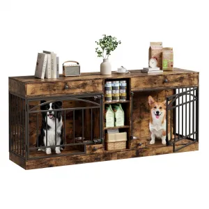 Dog Crate Furniture for 2 Dogs, 78.7" Large Dog Kennel Indoor with 2 Storage Drawers, 3 Shelves and Feeding Bowls, Double Dog Crate TV Stand for Small and Medium Dogs, Brown