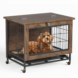 Small Dog Crate Furniture with 2 Doors and Wheels, Top-Opening Heavy Duty Wooden Indoor Kennel Dog House Cage with Anti-Chew, Removable Tray, Side End Table for Small Medium Dogs, Brown