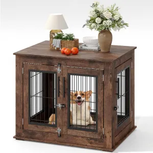 Medium Farmhouse Dog Crate Furniture End Table, Heavy Duty Wooden Kennel Cabinet with Double Doors for Small/Medium Dogs, Chew-Resistant Indoor Dog House Console for Living Room