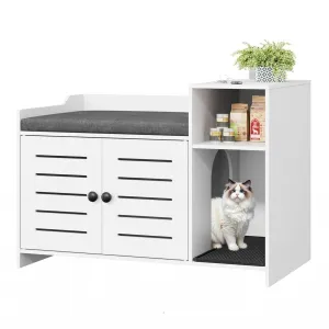 Cat Litter Box Enclosure, Hidden Litter Box Furniture with Litter Mat & Storage Shelf, Farmhouse Indoor Cat House Cabinet for Hallway, Bedroom, White