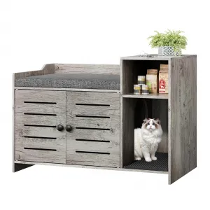 Cat Litter Box Enclosure, Hidden Litter Box Furniture with Litter Mat & Storage Shelf, Farmhouse Indoor Cat House Cabinet for Hallway, Bedroom, Gray