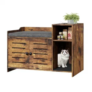 Cat Litter Box Enclosure, Hidden Litter Box Furniture with Litter Mat & Storage Shelf, Farmhouse Indoor Cat House Cabinet for Hallway, Bedroom, Brown