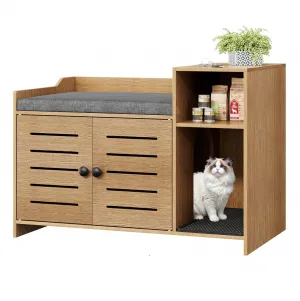 Cat Litter Box Enclosure, Hidden Litter Box Furniture with Litter Mat & Storage Shelf, Farmhouse Indoor Cat House Cabinet for Hallway, Bedroom, Oak