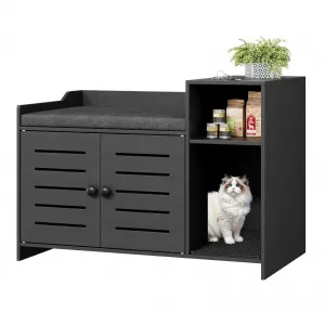 Cat Litter Box Enclosure, Hidden Litter Box Furniture with Litter Mat & Storage Shelf, Farmhouse Indoor Cat House Cabinet for Hallway, Bedroom, Black