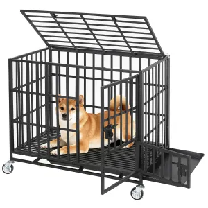 36 Inch Heavy Duty Dog Crate, Escape-Proof Steel Dog Kennel Indoor with 3 Doors, Removable Tray, Large Metal Dog Cage with Wheels for Large and Medium Dogs, Black
