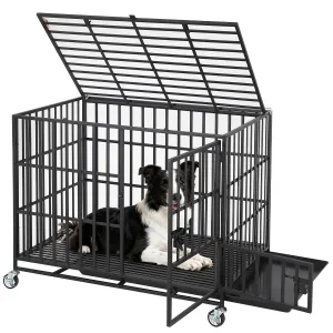 42 Inch Heavy Duty Dog Crate, Escape-Proof Steel Dog Kennel Indoor with 3 Doors, Removable Tray, Large Metal Dog Cage with Wheels for Large and Medium Dogs, Black
