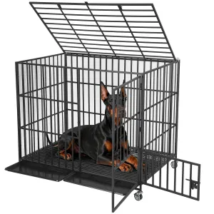 54 Inch Heavy Duty Dog Crate, Metal Escape Proof Dog Kennel Indoor with 3 Doors, Removable Tray, Extra Large Dog Cage with Wheels for Large and Medium Dogs, Black