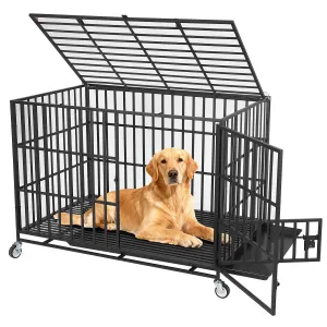 49 Inch Heavy Duty Dog Crate, Metal Escape Proof Dog Kennel Indoor with 3 Doors, Removable Tray, Extra Large Dog Cage with Wheels for Large and Medium Dogs, Black