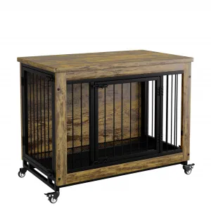38.6" Heavy Duty Dog Crate Furniture with  3 Doors & Wheels, Rustic Indoor Kennel Furniture Pet Crate with Carbon Steel Bars & Removable Tray for Small to Medium Dogs