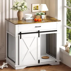 38" Dog Crate Furniture, Wooden Dog Furniture with Sliding Door and Drawer, 2 in 1 Indoor Pet House and Side End Table for Small to Medium Dogs, White