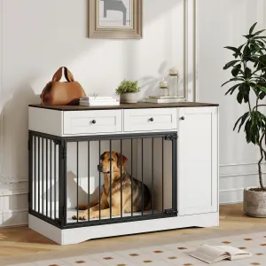 Farmhouse Dog Crate Furniture, 47" Modern Indoor Kennel with Double Doors, TV Stand & Buffet Cabinet, Dog Cage End Table with 2 Drawers & Storage for Small & Medium Dogs