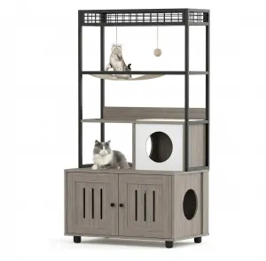 Modern Hidden Cat Litter Box Enclosure with Storage Rack, Indoor Enclosed Cat Furniture, Hammock, Sisal Balls, Scratching Mat, Multi-Level Private Cat House, Gray